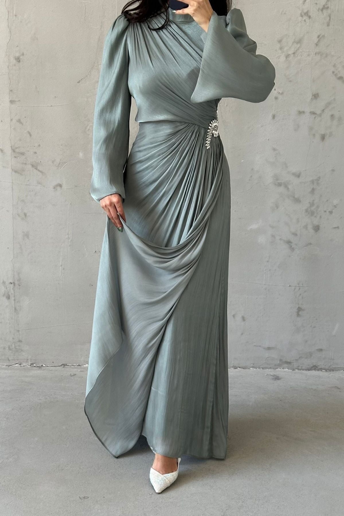 Volan Kol Drapeli Janjan Tesettür Abiye Mint Yeşili