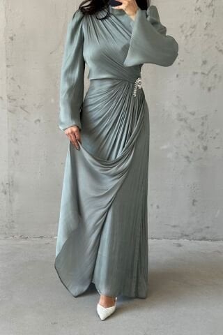 Volan Kol Drapeli Janjan Tesettür Abiye Mint Yeşili