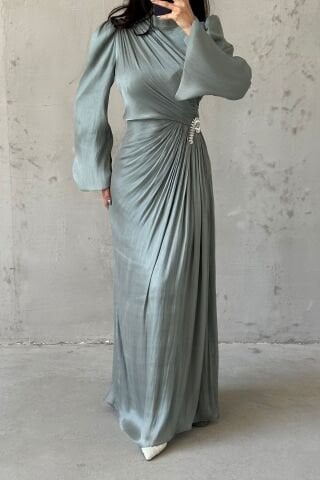 Volan Kol Drapeli Janjan Tesettür Abiye Mint Yeşili