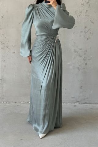 Volan Kol Drapeli Janjan Tesettür Abiye Mint Yeşili