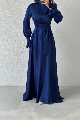 Magnificent Collar Flounce Sleeve Satin Hijab Evening Dress Navy Blue