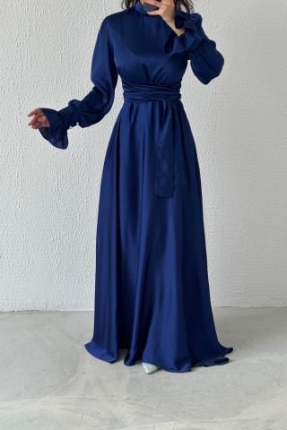 Hakim Yaka Volan Kol Saten Tesettür Abiye Lacivert
