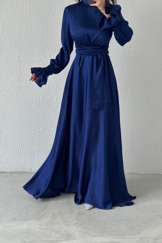 Hakim Yaka Volan Kol Saten Tesettür Abiye Lacivert