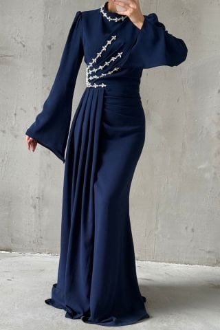 Tailed Thin Stone Detailed Crepe Hijab Evening Dress Navy Blue