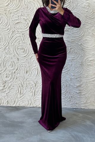 Elegan Taş Detaylı Kadife Tesettür Abiye Mürdüm