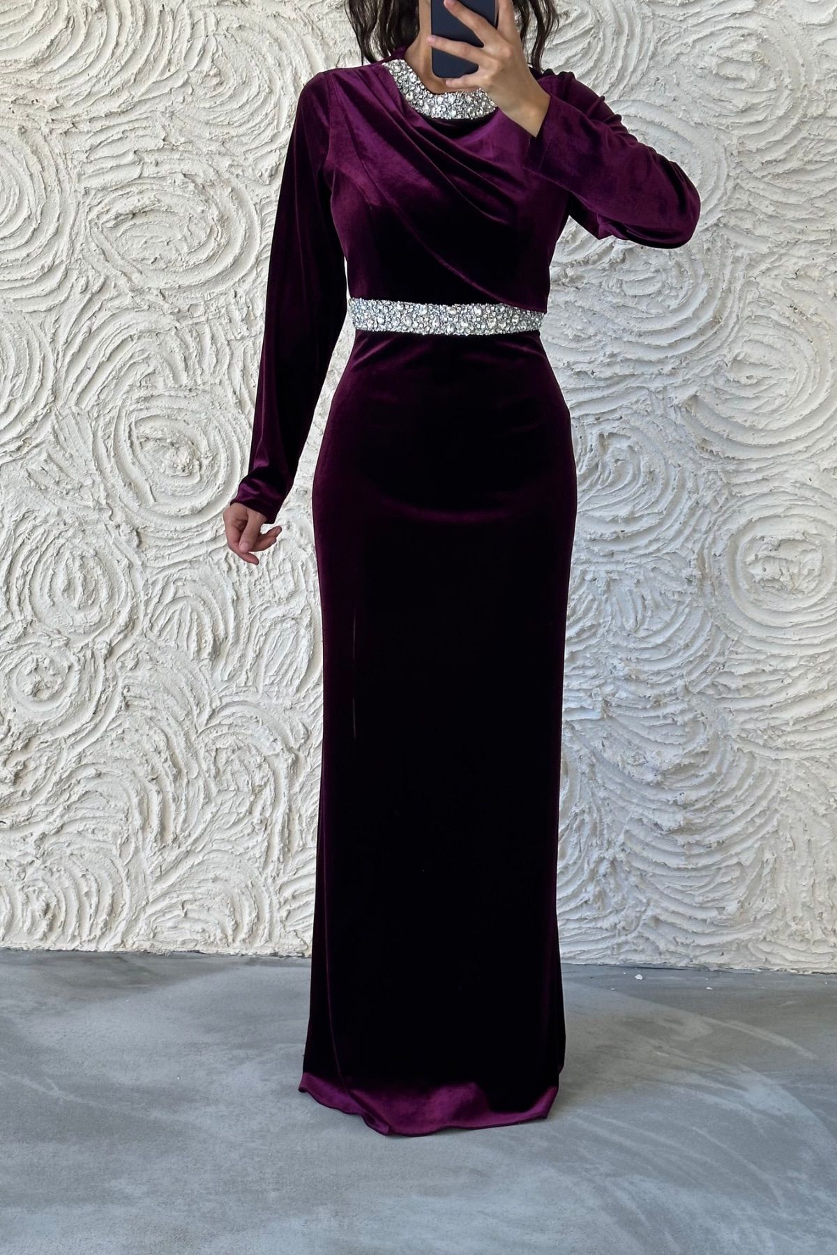 Elegan Taş Detaylı Kadife Tesettür Abiye Mürdüm