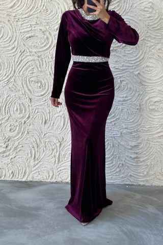 Elegan Taş Detaylı Kadife Tesettür Abiye Mürdüm