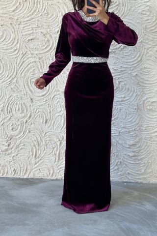 Elegan Taş Detaylı Kadife Tesettür Abiye Mürdüm
