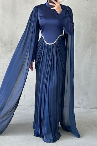 Işıltılı Dokunuş Kol Detaylı Tesettür Abiye Lacivert