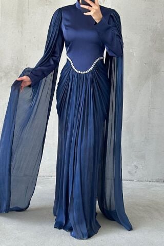 Işıltılı Dokunuş Kol Detaylı Tesettür Abiye Lacivert