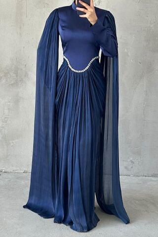 Işıltılı Dokunuş Kol Detaylı Tesettür Abiye Lacivert