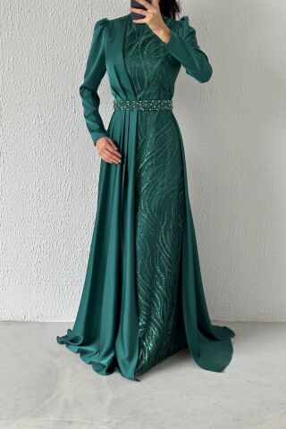 Göz Kamaştıran Model Pelerinli Saten Tesettür Abiye Zümrüt