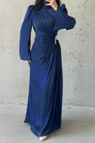Flounce Sleeve Draped Janjan Hijab Evening Dress Navy Blue