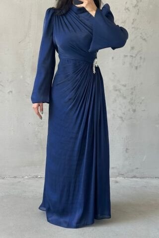 Volan Kol Drapeli Janjan Tesettür Abiye Lacivert