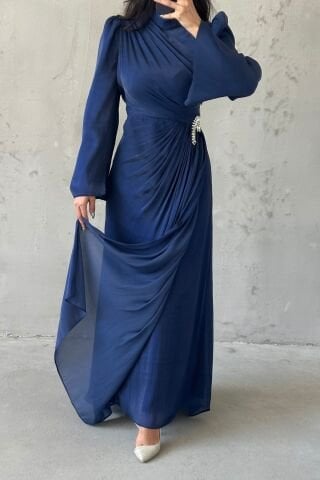 Volan Kol Drapeli Janjan Tesettür Abiye Lacivert