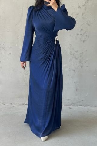 Volan Kol Drapeli Janjan Tesettür Abiye Lacivert