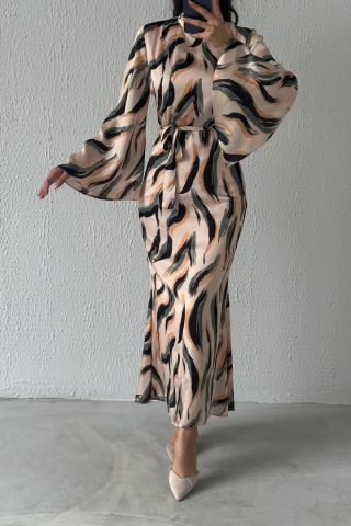 Colorful Patterned Satin Flounce Sleeve Hijab Evening Dress Gray