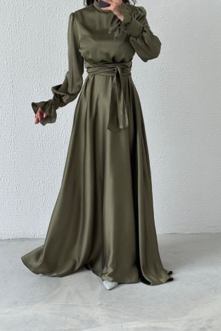 Judge Collar Flounce Sleeve Satin Hijab Evening Dress Khaki