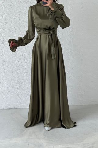 Judge Collar Flounce Sleeve Satin Hijab Evening Dress Khaki
