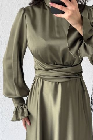 Judge Collar Flounce Sleeve Satin Hijab Evening Dress Khaki
