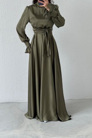 Judge Collar Flounce Sleeve Satin Hijab Evening Dress Khaki