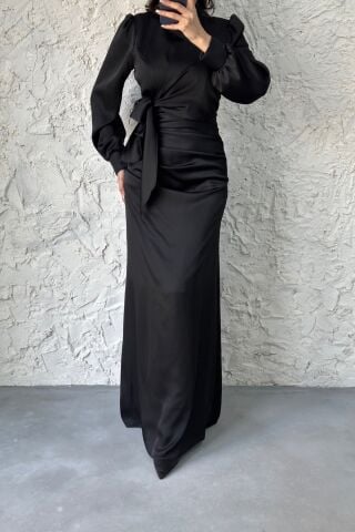 Büzgü Ve Düğüm Detaylı Saten Tesettür Abiye Siyah