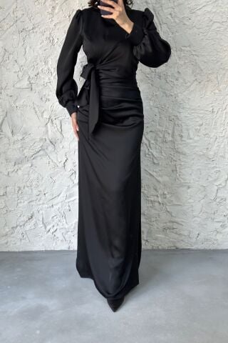 Büzgü Ve Düğüm Detaylı Saten Tesettür Abiye Siyah