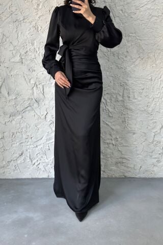 Büzgü Ve Düğüm Detaylı Saten Tesettür Abiye Siyah