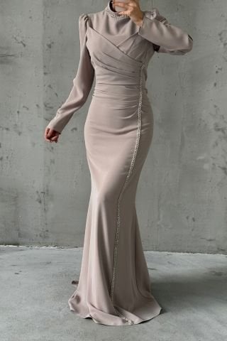 Stylish Stone Embroidered Crepe Hijab Evening Dress Stone