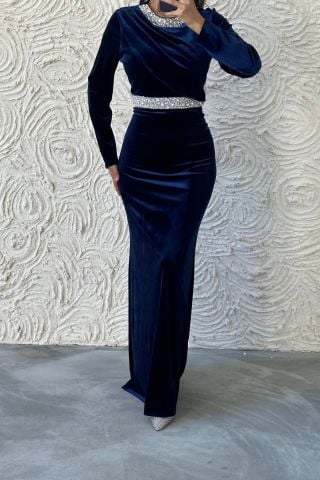 Elegant Stone Detailed Velvet Hijab Evening Dress Navy Blue