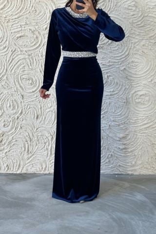 Elegant Stone Detailed Velvet Hijab Evening Dress Navy Blue