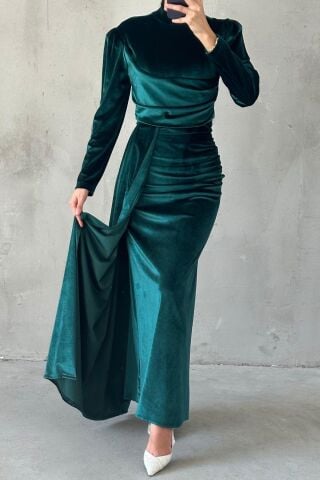 Modern Tasarım Basic Kadife Tesettür Abiye Yeşil