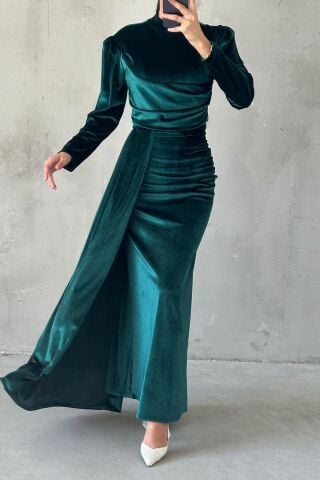 Modern Tasarım Basic Kadife Tesettür Abiye Yeşil
