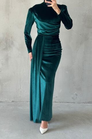 Modern Tasarım Basic Kadife Tesettür Abiye Yeşil