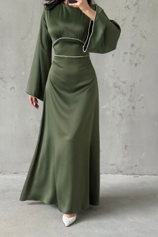 Kolları ve Beli İnci Taş Detaylı  Volan Kol Saten Tesettür Abiye Haki
