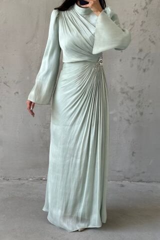 Volan Kol Drapeli Janjan Tesettür Abiye Su Yeşili