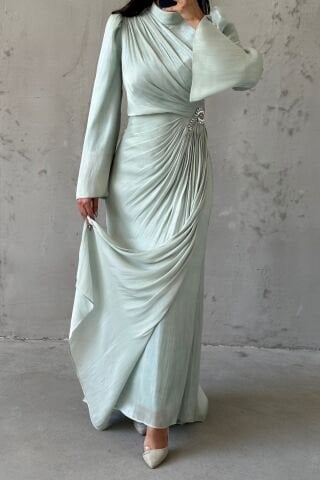 Volan Kol Drapeli Janjan Tesettür Abiye Su Yeşili