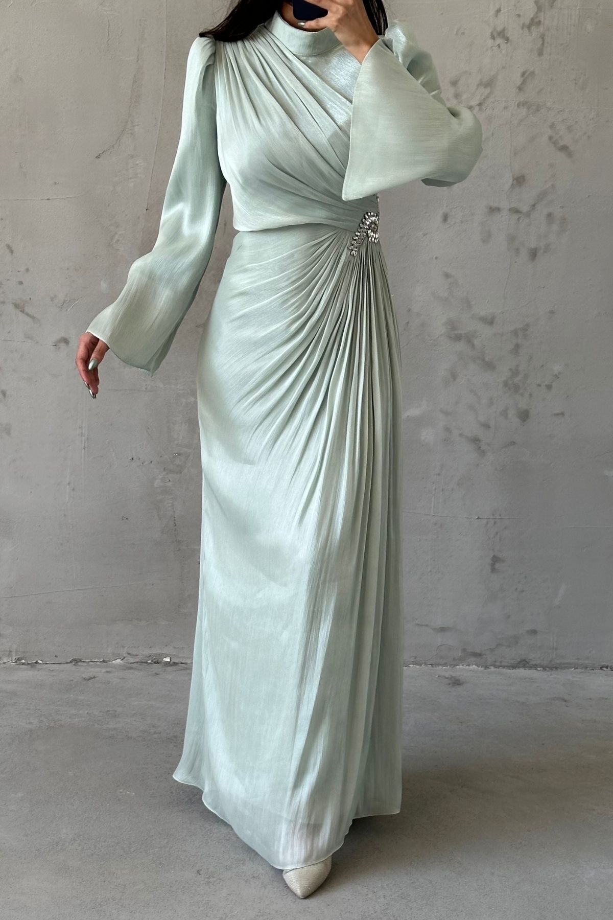 Volan Kol Drapeli Janjan Tesettür Abiye Su Yeşili