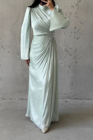 Volan Kol Drapeli Janjan Tesettür Abiye Su Yeşili