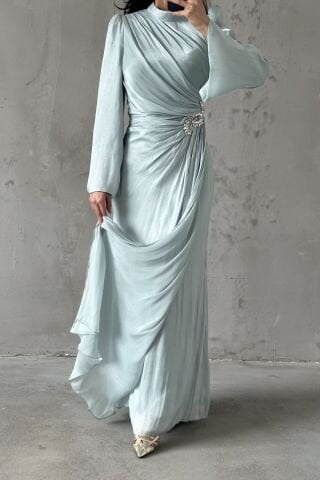 Volan Kol Drapeli Janjan Tesettür Abiye Su Yeşili