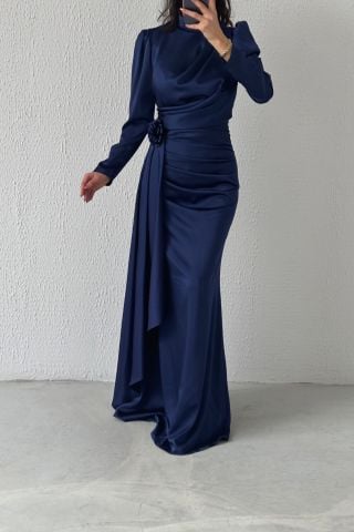Belden Şık Detaylı Saten Tesettür Abiye Lacivert