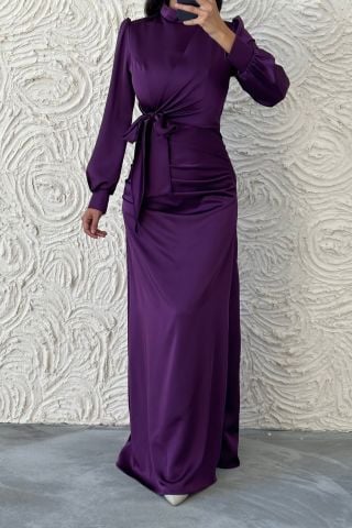 Satin Hijab Evening Dress Purple with Gathering and Knot Detail