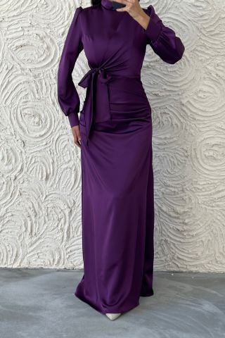 Büzgü Ve Düğüm Detaylı Saten Tesettür Abiye Mor