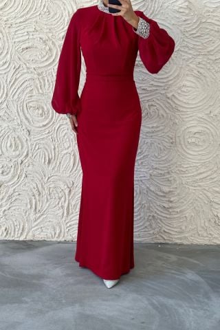 Sade ve Şık Balon Kol Taş Detaylı Krep Abiye Bordo