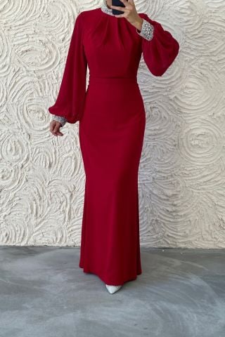 Sade ve Şık Balon Kol Taş Detaylı Krep Abiye Bordo