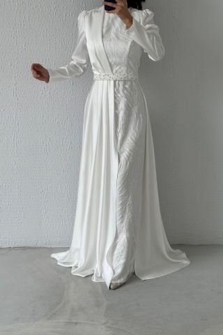 Göz Kamaştıran Model Pelerinli Saten Tesettür Abiye Ekru