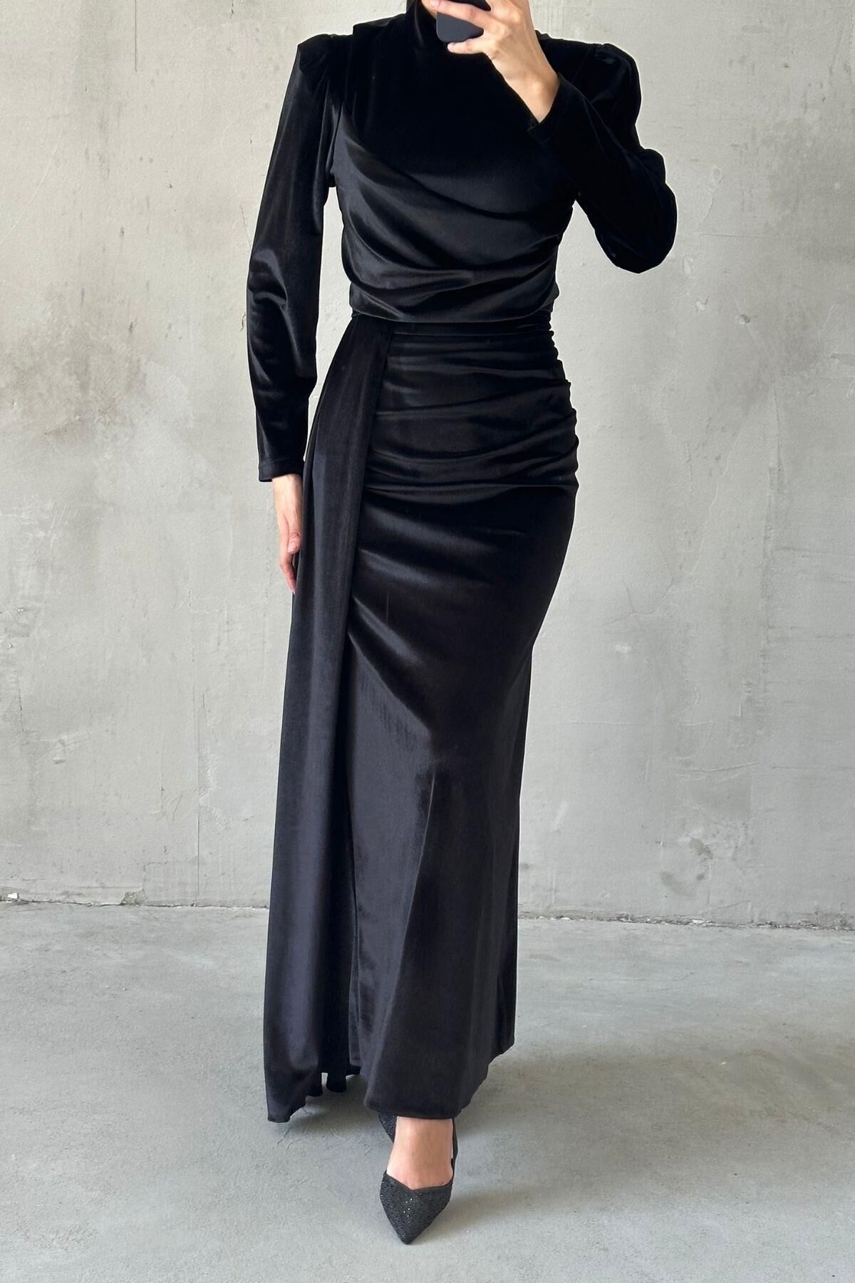 Modern Tasarım Basic Kadife Tesettür Abiye Siyah