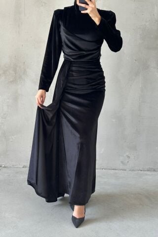 Modern Tasarım Basic Kadife Tesettür Abiye Siyah