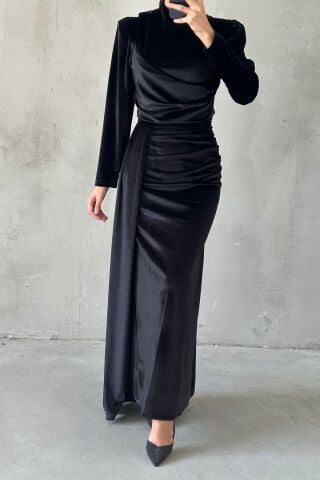 Modern Tasarım Basic Kadife Tesettür Abiye Siyah