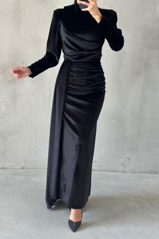 Modern Tasarım Basic Kadife Tesettür Abiye Siyah